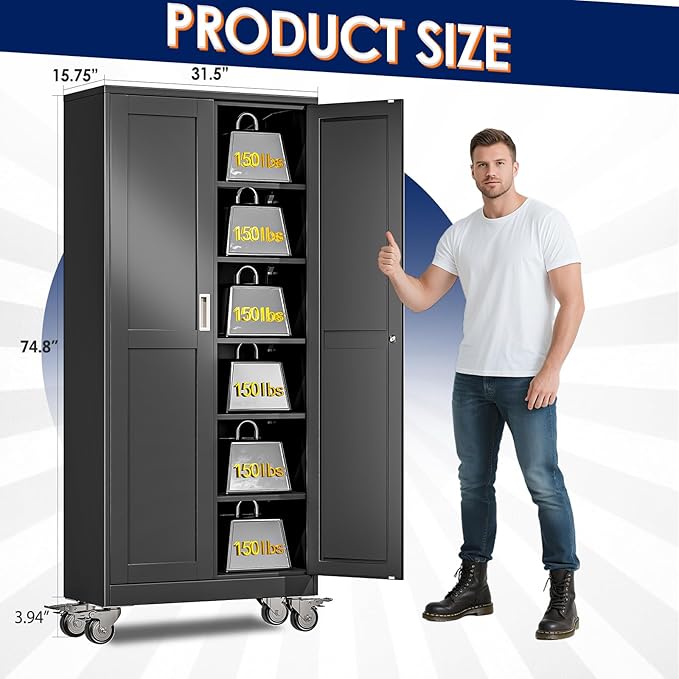 75" H Metal Garage Storage Cabinet, Rolling Tool Cabinet with 2 Doors and Wheels, Locker Steel Cabinet with 5 Adjustable Shelves, Organization Cabinet for Garage,Office,Home,Gym,School（Black）