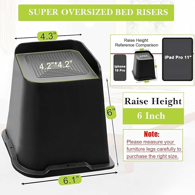 Bed Risers 2 inch, 3 inch, 4 inch, 6 inch, 8 inch Heavy Duty, Oversized Furniture Riser for Couch Sofa Table Chair Leg Frame Dorm, Support up to 6000 Lbs (Black 4 Pack, 6 inch-1)
