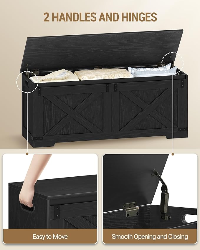 47.2" Storage Chest, Large Storage Trunk with 2 Hinges, Farmhouse Wooden Box Bench, Lift-Top Organizer Chest, Entryway Trunk for Bedroom, Living Room, Black SB12104X