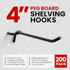FactorDuty 200 Pack 4" Length Steel Black PEG Board Pegboard Shelving Hooks Wholesale Lot 20 lbs PEG Hooks Organizer Tools for Craft Storage, Garage, Kitchen, Tools and More