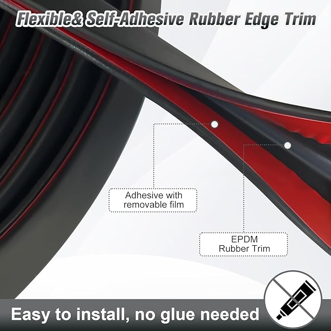 Edge Trim, 3/16" (5mm) Rubber Edge Trim, Flexible Self Adhesive U Channel Edge Protector for Glass, Mirror, Plywood, Steel Panel Sharp Edges, Peel and Stick Plastic Trim, Black Color, 20Ft