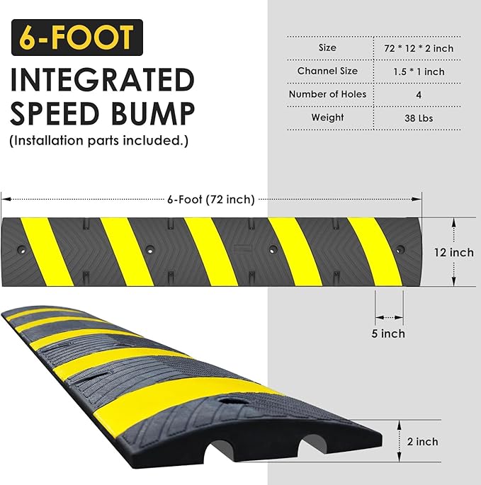 6' Ft 72" Inch Heavy Rubber Speed Bump Hump, 1-Piece Integrated Cable Cover Ramp, Installation Parts Included, Road Safety Bumps for Garage Parking Lot, Speed Control (72" Speed Bump x 1Pc)