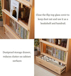 Solid Wood Bookcase with Flip-Up Tempered Glass Doors,70" H Tall Wood Book case with 3 Color Led Lights,4 -Tier Wooden Bookshelf and 1 Drawer,Display Cabinet Kitchen Pantry for Living Room,Office