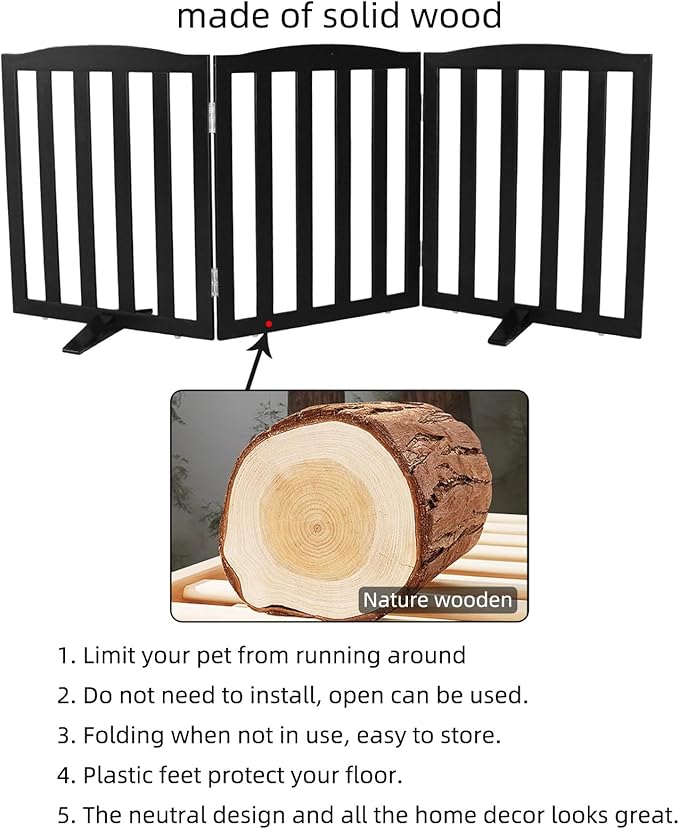 Freestanding Dog Gate Indoor,Doggie Gate Foldable Pet Gates for Doorways,Stairs or Hallways, Wooden Black Pet Gate for The House, Pet Fence with Support Feet Included,32 "Height-3 Panels