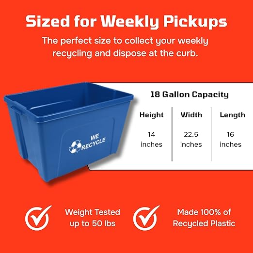 Curbside 18 Gallon Blue Recycling Bin with Carrying Handles for Homes or Businesses | Easily Recognizable from The Curb | High-Capacity, Stackable - Single Unit - Blue