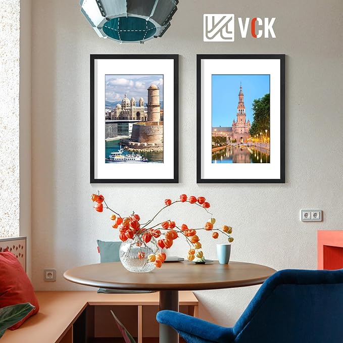 VCK 16x24 Poster Frame Black 2 Pack - with Mat 12x18, Textured Exclusive Solid Wood Picture Frame, Wall Mounting Hanging