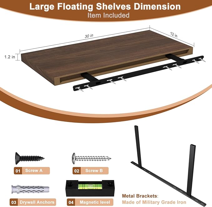 12 Inch Deep Floating Shelves for Wall 3 Pack Floating Shelfs Large Storage Space Wall Decor Display Shelf for Bathroom Living Room Bedroom Kitchen 30" W x 12" D x 1.2" H Walnut