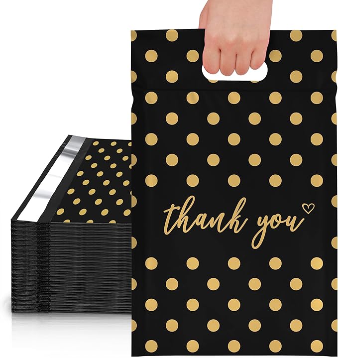 JinRuiKJ Poly Mailers with Handle 12x15.5 Inch 50 Pcs, Easy to Carry Packaging Bags for Small Business, Thank You Shipping Bags with Self Adhesive Strip, Tearproof and Waterproof - Gold Polka Dot