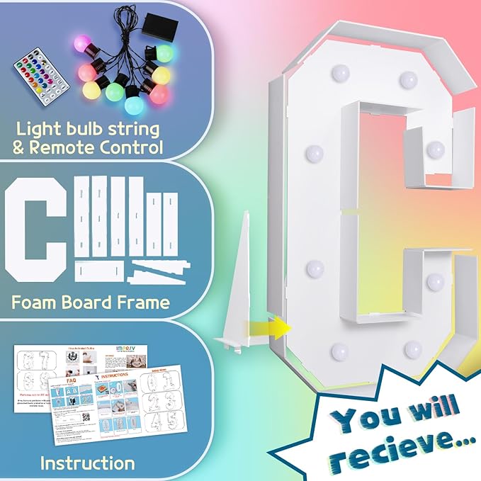 imprsv 3FT Colorful Marquee Letters C, 18 Colors Large Light up Letters Alphabet Sign with Remote, Big Marry Me Sign, Birthday Party Decorations Anniversary Wedding Decoration
