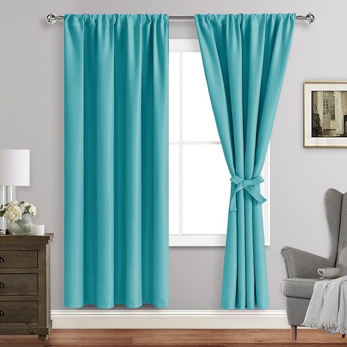 JIUZHEN Blackout Curtains for Bedroom - Curtain Drapes Set of 2 Panels with Tiebacks, Room Darkening Thermal Curtains, 42 x 72 Inches, Light Blocking Curtains for Living Room, Turquoise