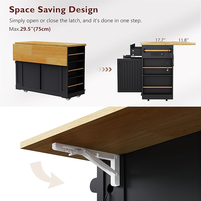 Rolling Kitchen Island with Drop Leaf & Power Outlet, Large Kitchen Islands Cart on Wheels, Movable Kitchen Island with 5 Open Storage Shelves & Towel Rack for Kitchen, Dining Room, 48-Inch, Black