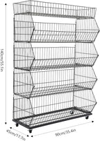 5 Tier Retail Display Rack, Rolling Storage Rack 5 Layers 35.43*16.93*53.54in Metal Display Shelf Fruit Vegetable Snack Basket Storage Supplies for Home Store Market (Black, 90*43*136cm)