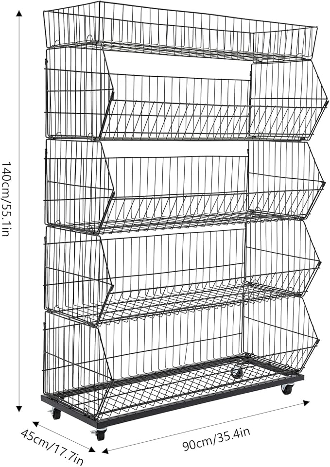 5 Tier Retail Display Rack, Rolling Storage Rack 5 Layers 35.43*16.93*53.54in Metal Display Shelf Fruit Vegetable Snack Basket Storage Supplies for Home Store Market (Black, 90*43*136cm)