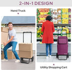 KEDSUM 2 in 1 Shopping Cart for Groceries, 330 lbs Grocery Cart on Wheels, Foldable Utility Carts with Wheels, Load-Bearing Hand Truck with Waterproof Bag for Shopping,Camping,Laundry,Garden, Purple