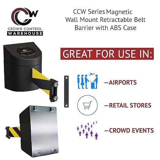 Crowd Control Warehouse - CCW Series WMB-220 Magnetic Wall Mount Retractable Belt Barrier - 15 Foot, Red with"Authorized Access ONLY" White Letters Belt with Black ABS Case