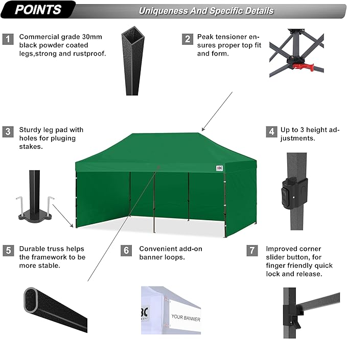 ABCCANOPY Heavy Duty Easy Pop up Canopy Tent with Sidewalls 10x20, Forest Green