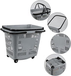50 L Shopping Basket with Wheels and Handle, Grey Plastic Rolling Shopping Basket, 4 Packs