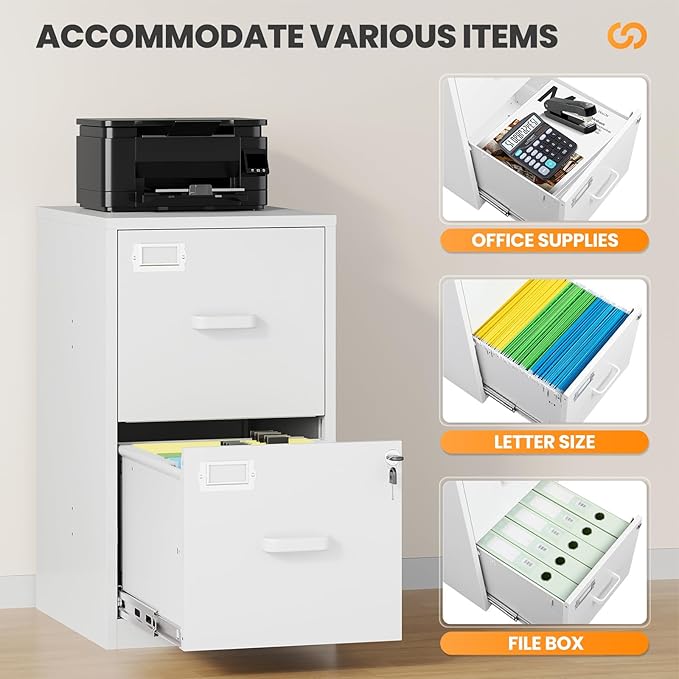 2 Drawer File Cabinet with Lock, Metal Filing Cabinets for Home Office, Vertical White Small Caninet for Home Office, Steel Narrow Two Drawer File Cabnet for Letter/File Box- Assembly Required