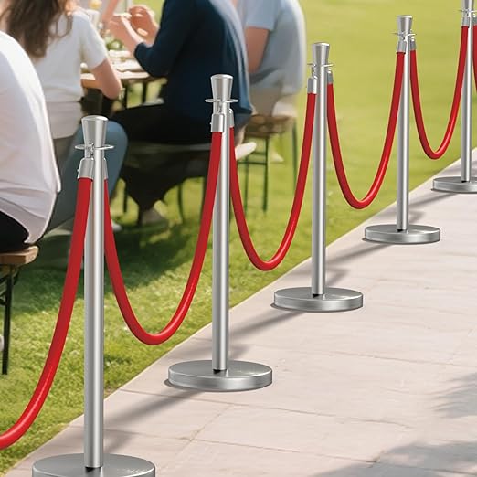 kaiyomi 4Pcs Stanchions with Red Velvet Ropes Set, 5 Feet Velvet Ropes and Posts Poles for Red Carpet Party Decoration and 360° Photo Booth (Silver)