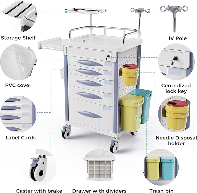 Medical Rolling Crash Cart with Accessories-CPR Board, IV Pole, O2 Holder, Trash Bin, Drawers with Dividers, Mobile Medical Cart for Clinic, Hospital, Nursing Center, Salon, 24.6”Wx19.1”Dx37.1”H