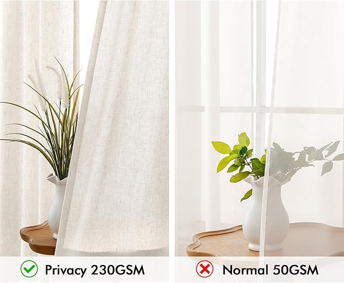 MIULEE Non-See-Through Privacy Linen Curtains 2 Panels, Light Filtering Window Curtains Farmhouse Textured Back Tab Semi Sheer Drapes for Bedroom Living Room, 52 x 95 Inches Long, Natural White