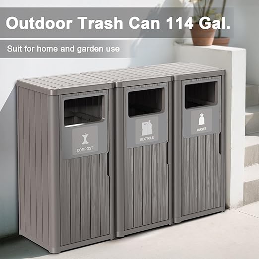 Outdoor Three Barrel Trash Can,Waterproof Resin Garbage Can with Garbage Labels,Durable Waste Bin for Porch, Backyard,Kitchen,for 30 to 39 Gallon Trash Bags