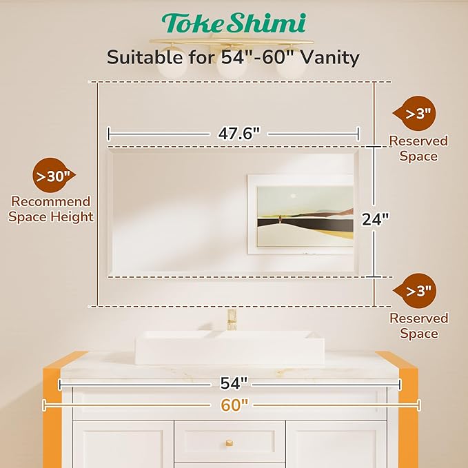 TokeShimi 48x24 Beveled Frameless Bathroom Mirror Decorative, Bathroom Vanity Mirrored with 1" Beveled Edge, Shatterproof Modern Frameless Mirror Rectangle for Living Room, Entryway, Restroom
