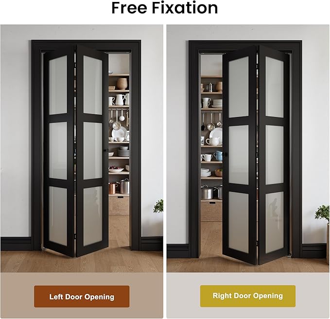 Bifold Doors for 32" x 80" Opening, 3-lite Tempered Frosted Glass Closet Folding Doors with Hardware kit Included, Easy Assembly, Black