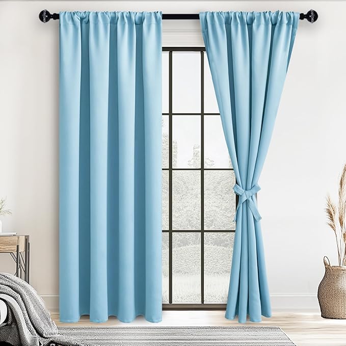 JIUZHEN Blackout Curtains for Bedroom– Thermal Insulated,Noise Reducing Room Darkening Privacy Drapes for Living Room, Set of 2 Panels with Tiebacks, 42 x 84 inch Long, Light Blue