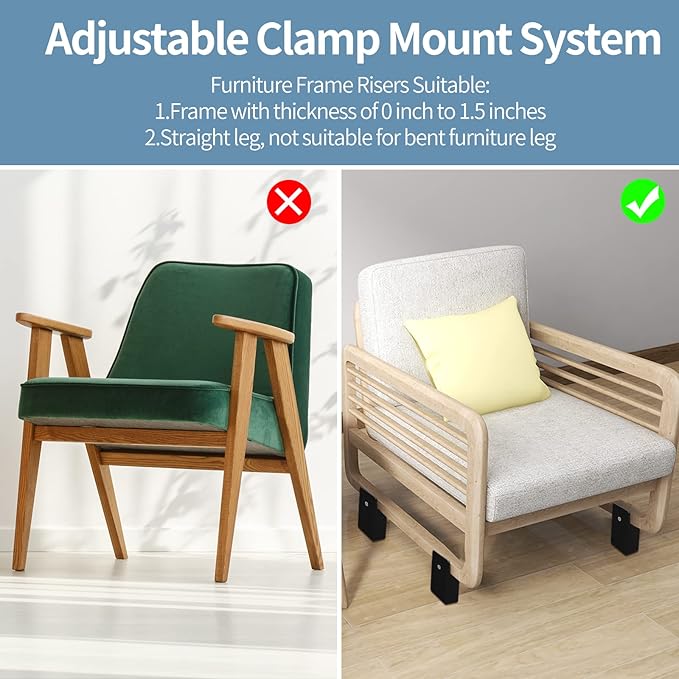 Bed Risers with Adjustable Screw Clamp, Fits Thickness of Furniture Frame from 0 to 1.5 Inch, Elevation in Heights 2" Heavy Duty Risers for Table Cabinet Dresser Support up to 5000lbs (4Pack, Beige)