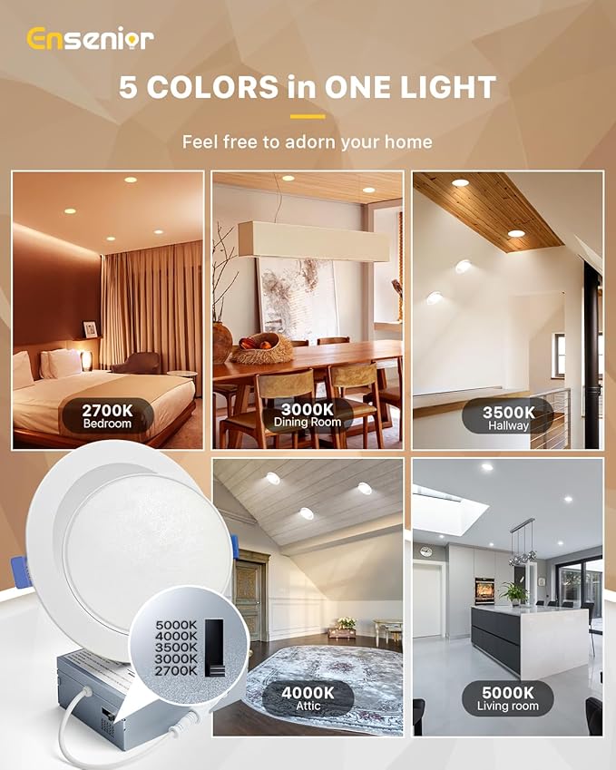 Ensenior 12 Pack 6 inch Gimbal Led Recessed Lighting, 90° Rotatable and 5CCT Selectable, Dimmable Eyeball Recessed Lights, Angled Adjustable Ceiling Downlight, 1200LM, 12W=115W-ETL&FCC Certified