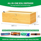 18 Inch Plastic Wrap Dispenser with Slide Cutter – Commercial Butcher & Freezer Paper Dispenser for 3000ft Film, 1000ft Foil & Kraft Rolls, Heavy Duty Bamboo for Restaurant & Kitchen