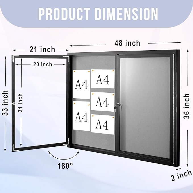 Enclosed Bulletin Board 48"x36" Outdoor Weatherproof Cork Noticeboard with Locking Door Wall-Mounted Gray Fabric Black Aluminium Frame for Home, School, Office, Community, Hospital