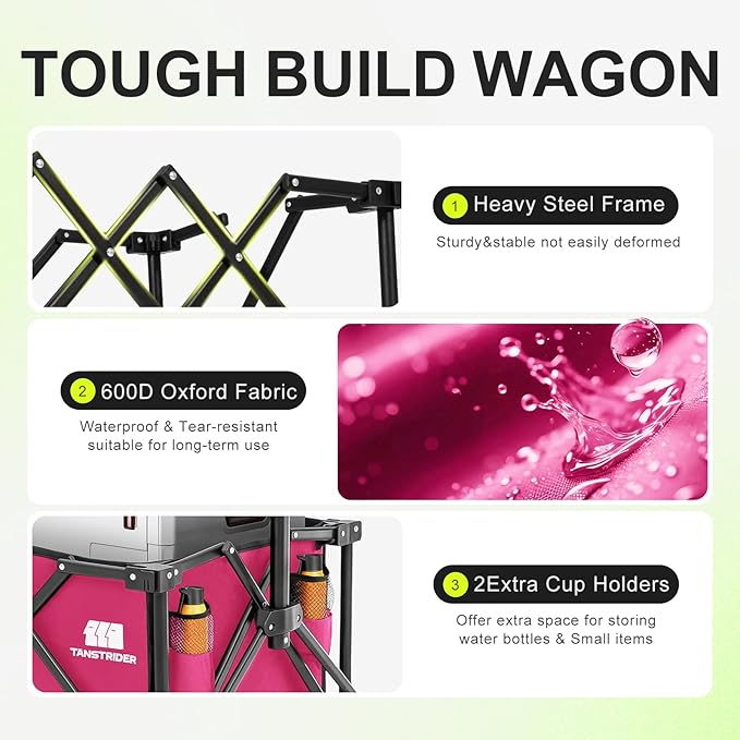 Collapsible Wagon with Wheels,Wagons Carts Foldable Wagon Cart with Flexible Handle, Lightweight Portable Folding Utility Grocery Shopping Cart for Grocery Sports Garden Camping(Pink)