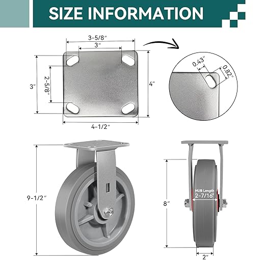 8'' × 2'' Caster Wheels, Heavy Duty Industrial Casters Set of 4 Rubber Wheels, Load 4000lbs Capacity, Swivel Caster for Cart Dolly Toolbox (2 Brake & 2 Rigid)