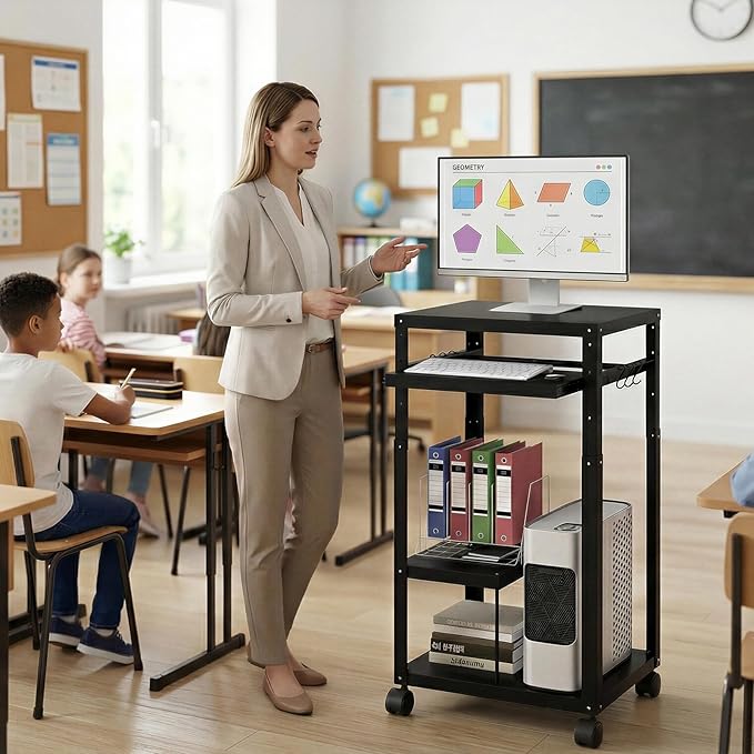tonchean AV Presentation Cart with Keyboard Tray, Heavy Mobile Workstation Presentation Cart,AV Cart with Adjustable Shelves for Video Projector Laptop Computer, Media Cart for School Classroom Office