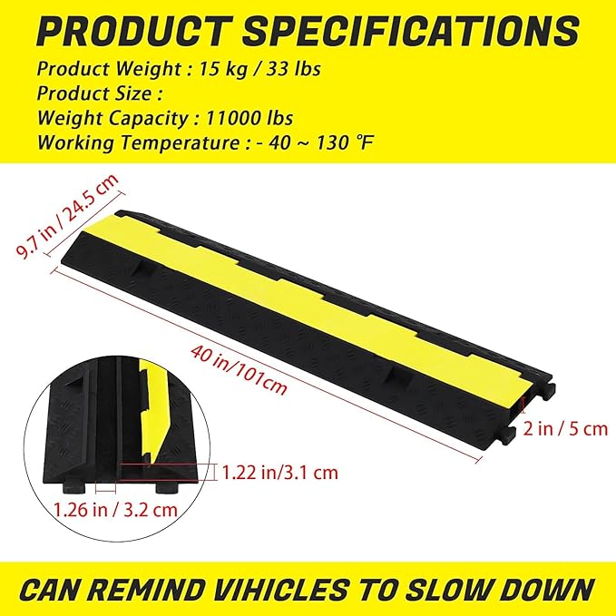 3 Pack Heavy Duty Rubber Cable Protectors with 2 Channel Ramps, 11000lbs Capacity Speed Bumps for Cables and Vehicles, Durable for Indoor and Outdoor Use