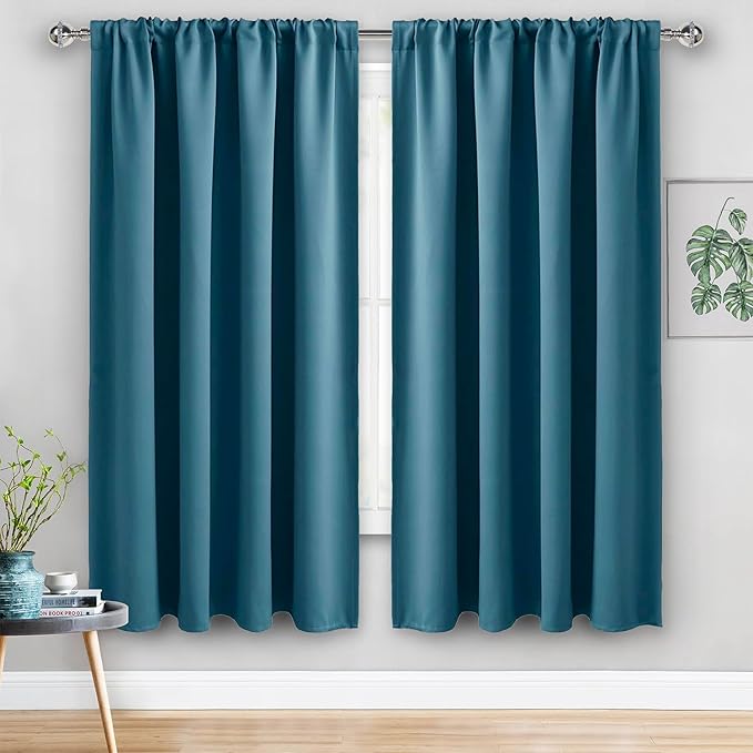 JIUZHEN Blackout Curtains for Bedroom - Thermal Insulated Room Darkening Noise Reducing, 70 x 63 Inch Length Curtains for Living Room, Set of 2 Panels with Tiebacks, Stone Blue