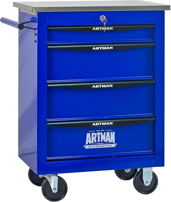 4 Drawer Rolling Tool Chest with Locker, 22.2" D Metal Movable Lockable Tool Cart Box Multi-Functional Hardware Storage Cabinet Box for Warehouse Basement Home Pantry Garage