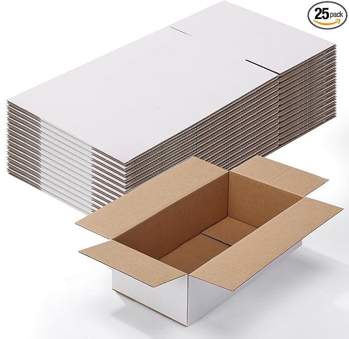 Calenzana 10x6x4 Shipping Boxes Set of 25, White Corrugated Cardboard Box for Mailing Small Business Packing Gifts