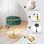 Adjustable Vanity Stool with Storage, 360° Swivel Makeup Stool Chair Small Velvet Round Ottoman with Gold Base for Bedroom, Green