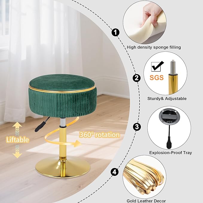 Adjustable Vanity Stool with Storage, 360° Swivel Makeup Stool Chair Small Velvet Round Ottoman with Gold Base for Bedroom, Green