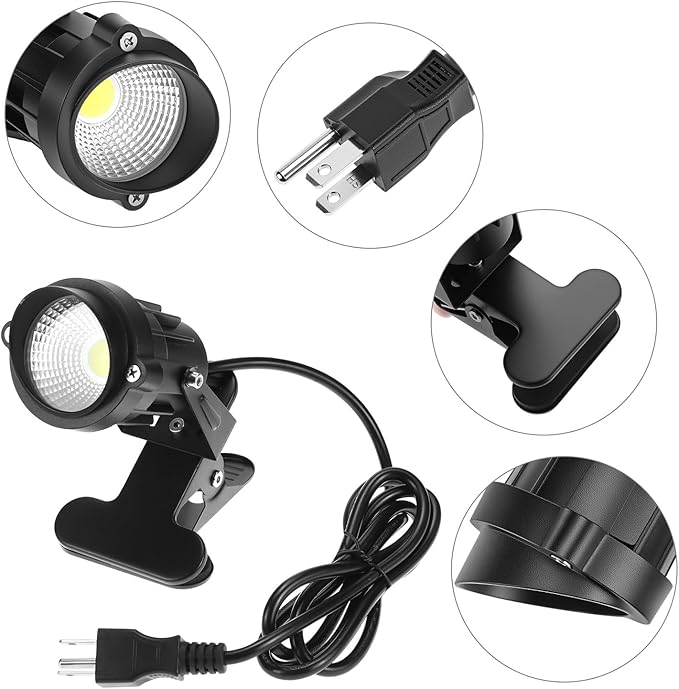 QWORK Spot Lights Clamp Indoor Spotlights, 2 Pack 10W Clip on Daylight White Uplights, Adjustable Heavy Metal with 4.9Ft Cord and On/Off Switch