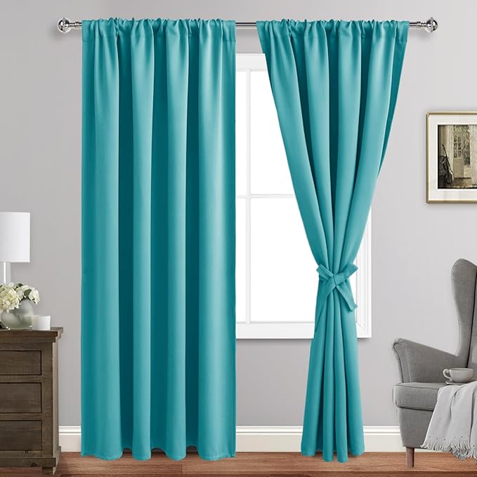JIUZHEN Blackout Curtains for Bedroom - Thermal Insulated Room Darkening Rod Pocket Curtains for Living Room, Set of 2 Panels with Tiebacks, 52 x 96 Inch Length, Turquoise