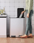 Arlopu 16Gal Dual Trash Can w/2 Built-in Box for Odor Control, Hands-Free Kitchen Garbage Bin, Recycle Waste Dustbin, Soft-Close Lid, 2 Buckets,Foot Pedal, Side Handle, Airtight,for Home (Silver)