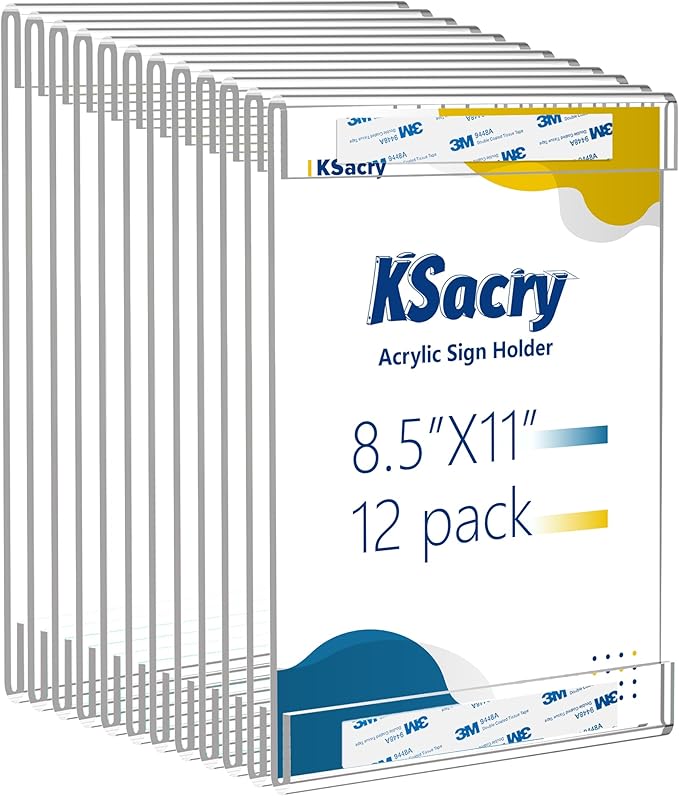KSacry 12 Pcs Acrylic Sign Holder 8.5 x 11, Vertical Wall Mount Sign Holders with 3M Adhesive, Clear Plastic Frames Paper Display Sign Holders for Office, Home, Store, Restaurant - No Drilling