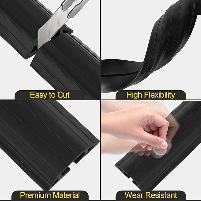 MYFAMIREA 20FT Floor Cord Cover Heavy Duty Cable Cover Protector 3 Channels Extension PVC Floor Wire Cover Outdoor Cord Hider Management Cord Cover for Wire on Floor Home Outdoor (2PCS 10FT, Black)