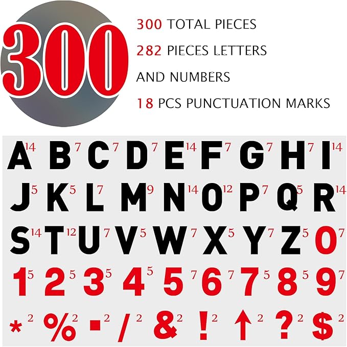 Leinuosen 300 Pcs Sign Letter Printed on Marquee Flexible Outdoor Black Portable Sign Board Plastic Changeable Letters and Numbers Punctuation Acrylic Numbers(6'', 7'')