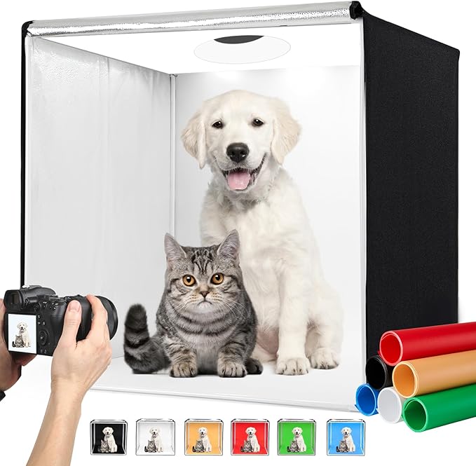 Photo Studio Light Box Photography 32"x32" with 100 LED and 6 Colors Backdrops Photo Box with Lights, Foldable Picture Box for Product Photography with 6500K Brightness