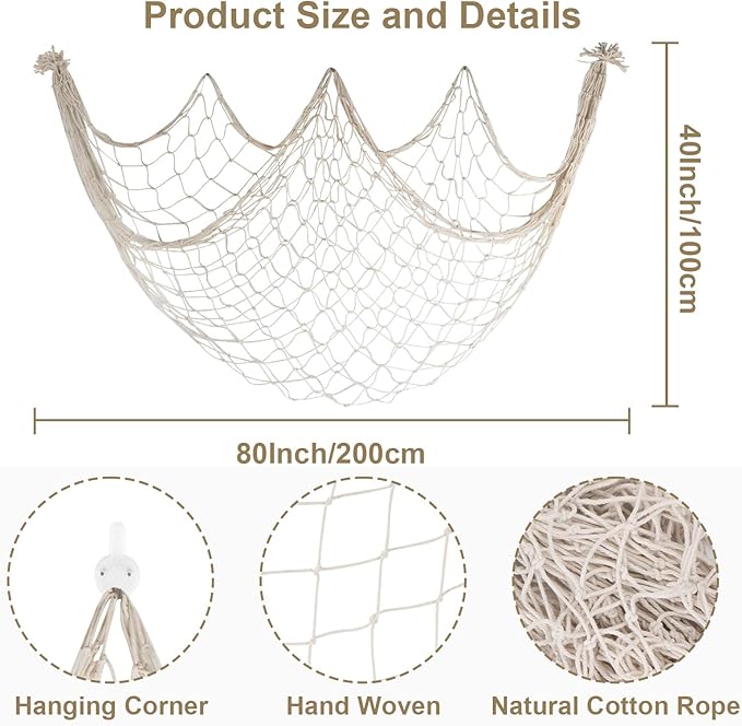 80x40 Inch Fishing Net Decor, 3mm Beige Natural Cotton Large Decorative Fish Netting Table Runner, Wall Ceiling Halloween Party Decorations for Pirate Under The Sea Nautical Mermaid Themed Party